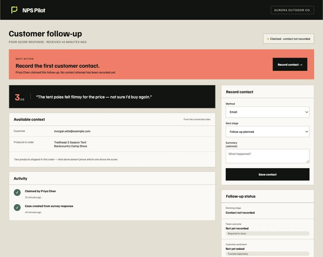 NPS Pilot customer follow-up screen for a 3-out-of-10 survey response, showing the customer’s comment, available product context, the team member who claimed it, and the next action.